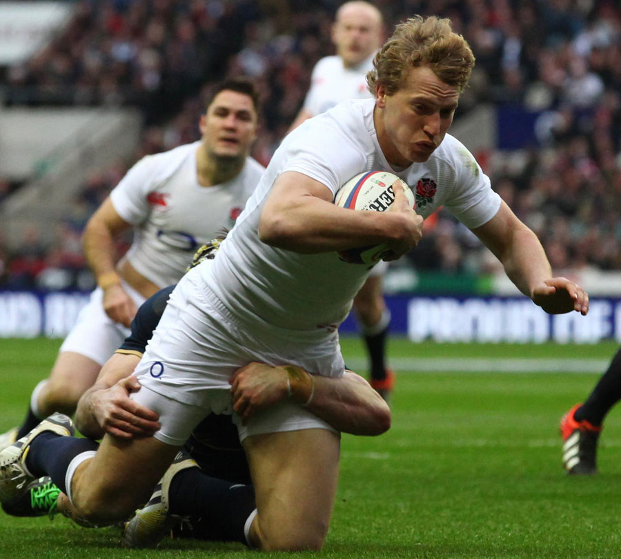 Billy Twelvetrees crashes over to score on his England debut