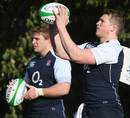 England's Dylan Hartley practises his throwing