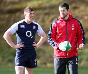 England coach Andy Farrell talks over tactics with son Owen, Pennyhill Park, Bagshot, Surrey, England, February 5, 2013