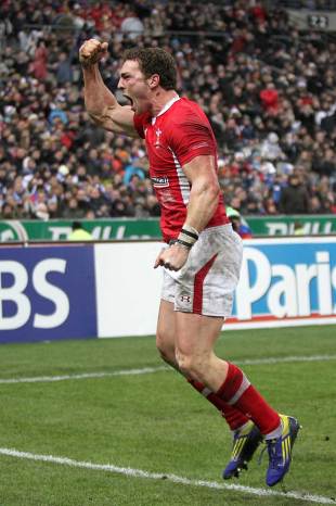 Wales' George North celebrates the match-winning score, France v Wales, Six Nations, Stade de France, Paris, France, February 9, 2013