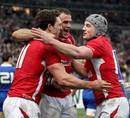 Wales' George North is mobbed after his score