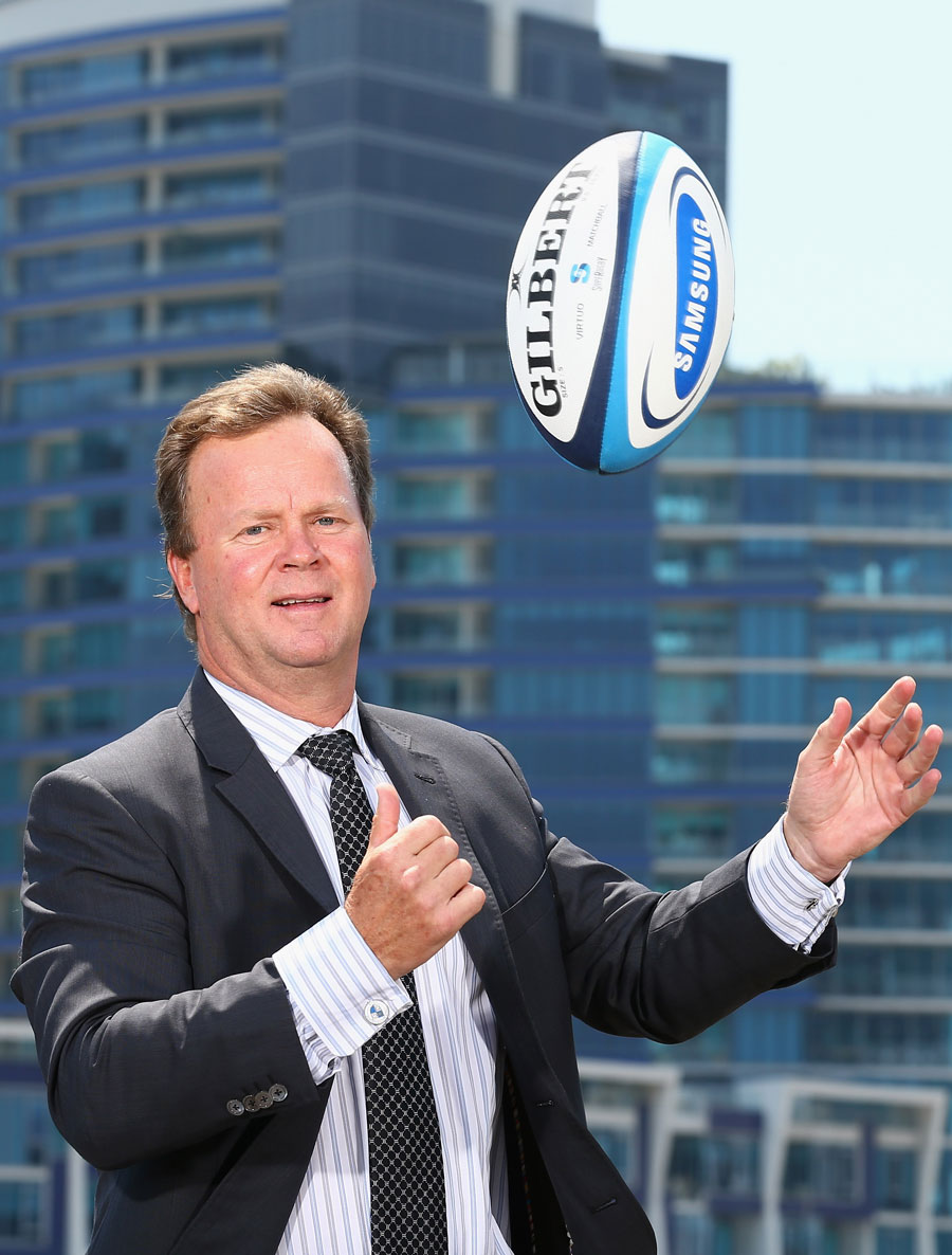 ARU CEO Bill Pulver larks around  during the 2013 Australian Super Rugby launch at Sketch, Central Pier, Melbourne, February 13, 2013