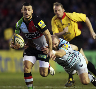 Harlequins scrum-half Danny Care tries to break clear of Leicester's Rob Hawkins. Harlequins v Leicester Tigers, Aviva Premiership, Twickenham Stoop, London, England, February 16, 2013
