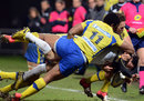 Clermont Auvergne's Lee Byrne and Napolioni Nalaga team up to make a tackle