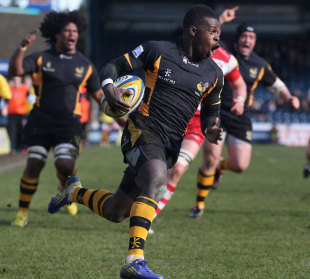 Wasps' Christian Wade races over to score, Wasps v Gloucester, Aviva Premiership, Adams Park, High Wycombe, England, February 17, 2013