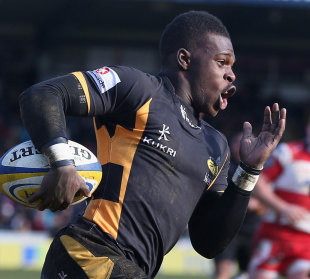 Wasps' Christian Wade races over to score, Wasps v Gloucester, Aviva Premiership, Adams Park, High Wycombe, England, February 17, 2013