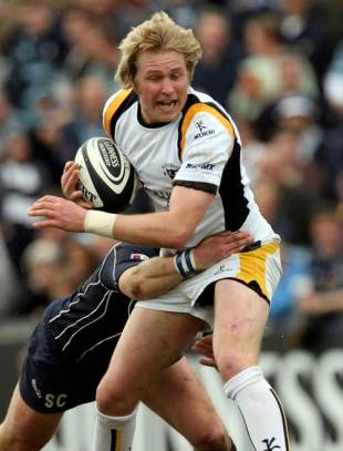 Worcester's Joe Carlisle is tackled during the Premiership game between Bristol and Worcester Warriors at The Memorial Stadium in Bristol, England on May 3, 2008.
