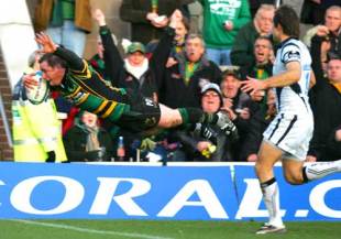 Northampton's Paul Diggin scores the first try of the game during the European Challenge Cup match between Northampton Saints and Bristol Rugby at Franklin's Gardens on December 06, 2008.
