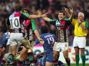 Harlequins' Danny Care (r) and Nick Evans (l) celebrate their side's 15-10 victory over Stade Francais in their Heineken Cup Pool Four match at the Stade de France in Paris, France on December 6, 2008.