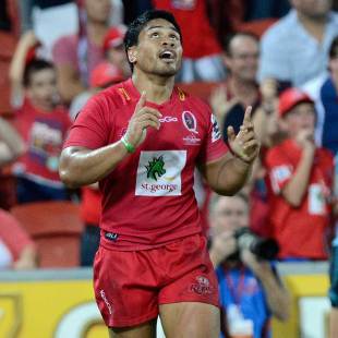 Ben Tapuai of Queensland Reds celebrates after scoring a try against New South Wales. Queensland v New South Wales, Super Rugby round two, Suncorp Stadium, Brisbane, February 23, 2013