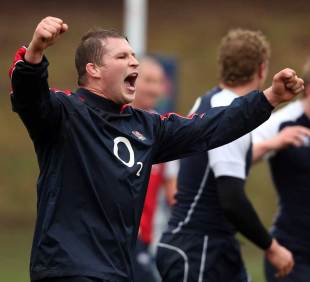 England's Dylan Hartley celebrates in training, Pennyhill Park, Bagshot, Surrey, England, February 26, 2013