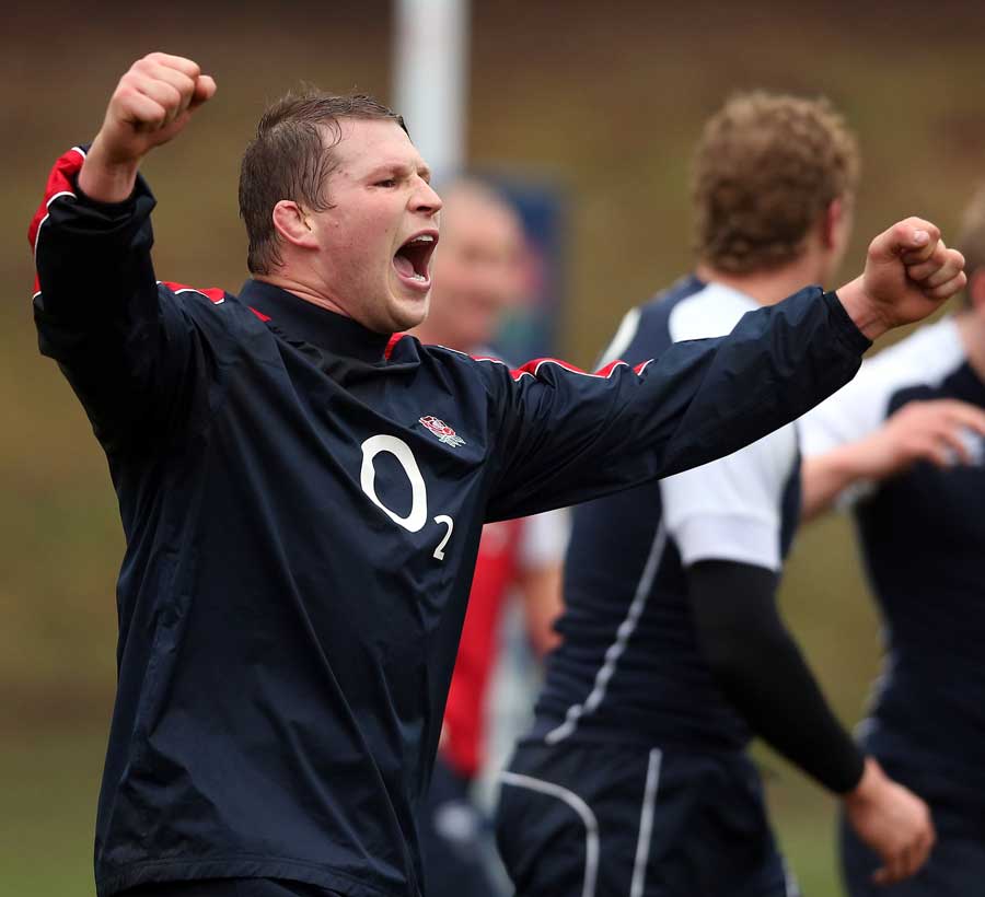 England's Dylan Hartley celebrates in training