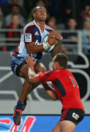 The Blues' Frank Halai takes a high ball ahead of the Crusaders' Israel Dagg, Blues v Crusaders, Super Rugby, Eden Park, Auckland, March 1, 2013