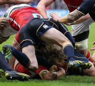 Wales' Richard Hibbard goes over for their first try, Scotland v Wales, Six Nations, Murrayfield, Scotland, March 9, 2013