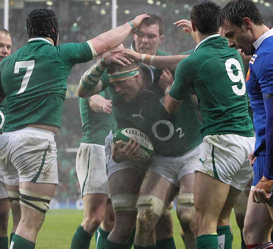 Ireland's Jamie Heaslip is congratulated on his try