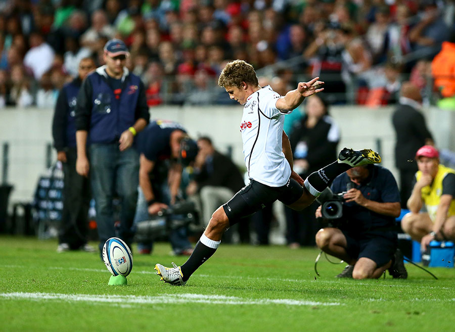 The Sharks' Patrick Lambie kicks a penalty goal against Southern Kings