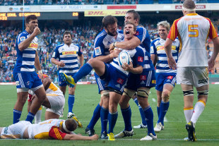 The Stormers' Nic Groom celebrates a try against the Chiefs, Super Rugby, Stormers v Chiefs, Newlands Rugby Stadium, Cape Town, South Africa, March 9, 2013