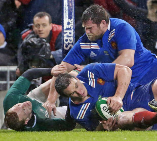 France's Louis Picamoles secures the ball as Ireland's Keith Earls is bundled into touch, Ireland v France, Six Nations, Aviva Stadium, Dublin, Ireland, March 9, 2013