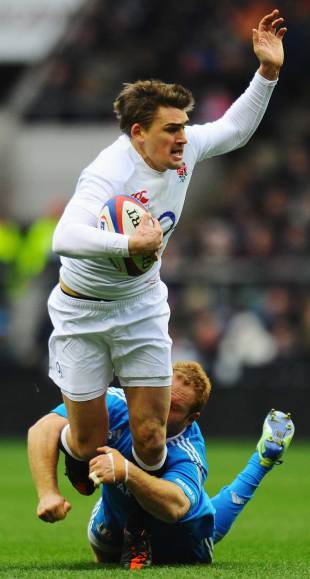 England's Toby Flood is caught by Gonzalo Garcia, England v Italy, Six Nations, Twickenham, England, March 10, 2103