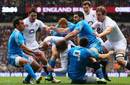 England's Toby Flood goes for the try