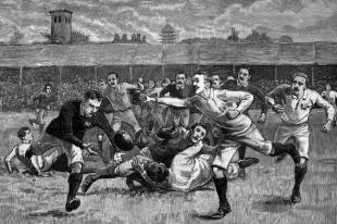 England and Scotland contest for the ball, England v Scotland, Richmond, England, March 7, 1891
