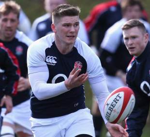England's Owen Farrell fires the ball out in training, Pennyhill Park, Bagshot, Surrey, England, March 12, 2013
