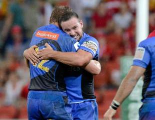 Western Force's Kyle Godwin (left) and Alby Mathewson celebrate victory against the Reds, Queensland reds v Western Force, Super Rugby, Suncorp Stadium, Brisbane, March 16, 2013