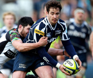 Sale's Danny Cipriani tries to get the ball away under pressure, Sale Sharks v Harlequins, LV= Anglo-Welsh Cup Final, Sixways, Worcester, England, March 17, 2013