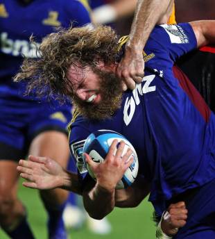The Highlanders' Liam Coltman charges against the Chiefs, Chiefs v Highlanders, Waikato Stadium, Hamilton, March 22, 2013