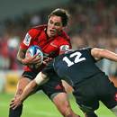 The Crusaders' Zac Guildford is tackled by the Kings' Hadleigh Parkes