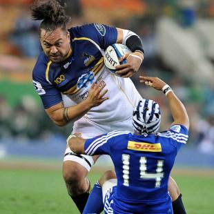 The Brumbies' Fotu Auelua charges over the Stormers' Gio Aplon, Stormers v Brumbies, Super Rugby, Newlands, Cape Town, March 23, 2013