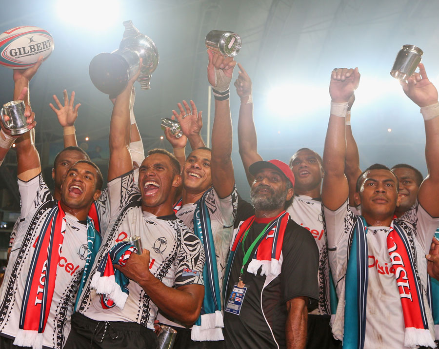 Fiji's celebrate winning the Hong Kong Sevens title