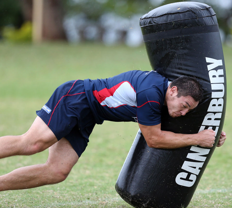 Melbourne Rebels' Gareth Delve hits a tackle bag, Rugby Union, Photo