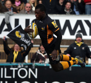 London Wasps wing Christian Wade delights the Wasps faithful by leaping high before scoring. London Wasps v Saracens, Aviva Premiership, Adams Park, Wycombe, England, March 30, 2013