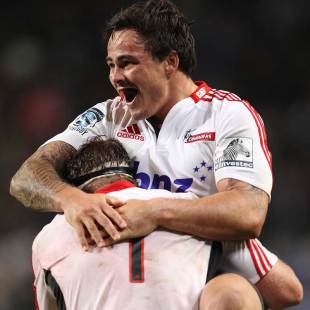 The Crusaders' Zac Guildford and Wyatt Crockett celebrates the win, Stormers v Crusaders, Super Rugby, Newlands Stadium, Cape Town, March 30, 2013