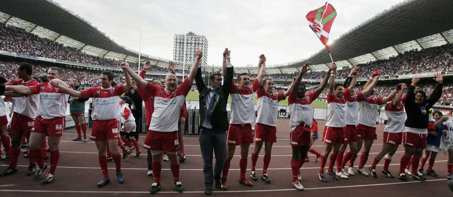 Biarritz celebrate their win over Sale Sharks