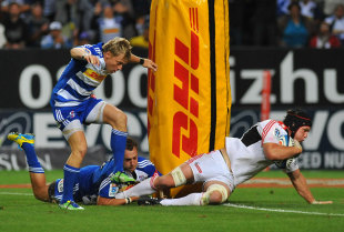 The Crusaders' Matt Todd dives to score, Stormers v Crusaders, Super Rugby, Newlands Stadium, Cape Town, March 30, 2013 