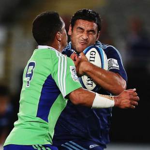 Blues' scrum-half Piri Weepu fends off Aaron Smith, Blues v Highlanders, Super Rugby, Eden Park, Auckland, April 5, 2013 