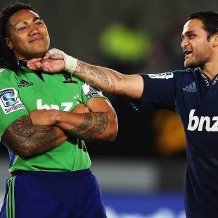 The Blues' Piri Weepu (r) jokes with Ma'a Nonu, Blues v Highlanders, Super Rugby, Eden Park, Auckland, April 5, 2013