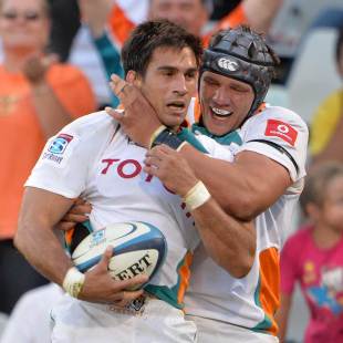 Robert Ebersohn (l) and Lappies Labuschagne celebrate a try, Cheetahs v Stormers, Super Rugby, Free State Stadium, Bloemfontein, April 6, 2013