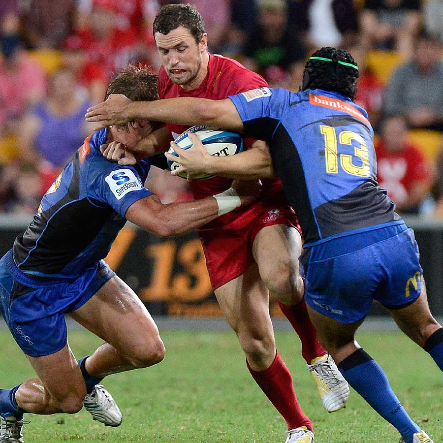 Luke Morahan hits the Force defence, Queensland Reds v Force, Super Rugby, Suncorp Stadium, Brisbane, March 16, 2013
