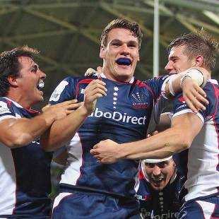 The Rebels' Mitch Inman celebrates his try against the Kings, Melbourne Rebels v Southern Kings, Super Rugby, AAMI Park, Melbourne, April 13, 2013