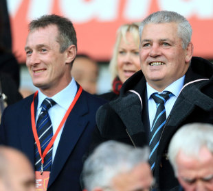 Lions coach Warren Gatland and assistant Rob Howley watch Cardiff City FC earn promotion to the Premier League, Cardiff City v Charlton Athletic, Football League Championship, Cardiff City Stadium, April 16, 2013