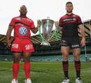 Toulon's Steffon Armitage and Saracens' Will Fraser pose with the Heineken Cup silverware