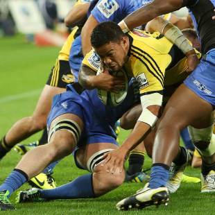 Alapati Leiua of the Hurricanes is tackled just short of the tryline, Hurricanes v Western Force, Super Rugby, Westpac Stadium, Wellington, April 19, 2013