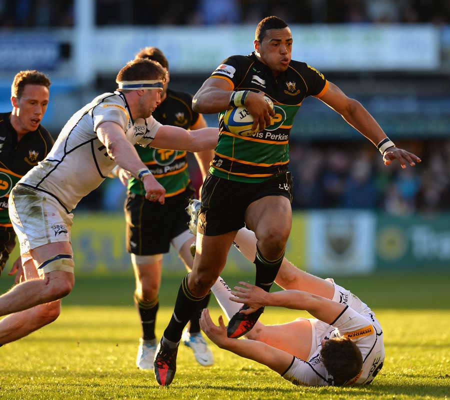 Northampton's Luther Burrell makes inroads into the Sale defence