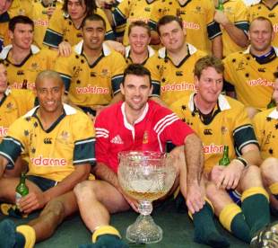 The Wallabies pose with the Tom Richards trophy, Australia v British & Irish Lions, Stadium Australia, July 14, 2001