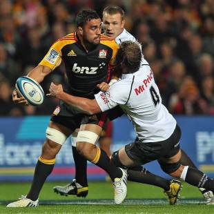 The Chiefs' Liam Messam looks to offload the ball against the Sharks, Chiefs v Sharks, Super Rugby, Waikato Stadium, Hamilton, April 27, 2013
