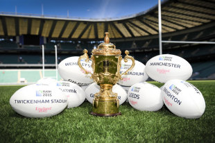 The Webb Ellis Trophy and match balls representing Rugby World Cup 2015 venues, Twickenham, May 2, 2013
