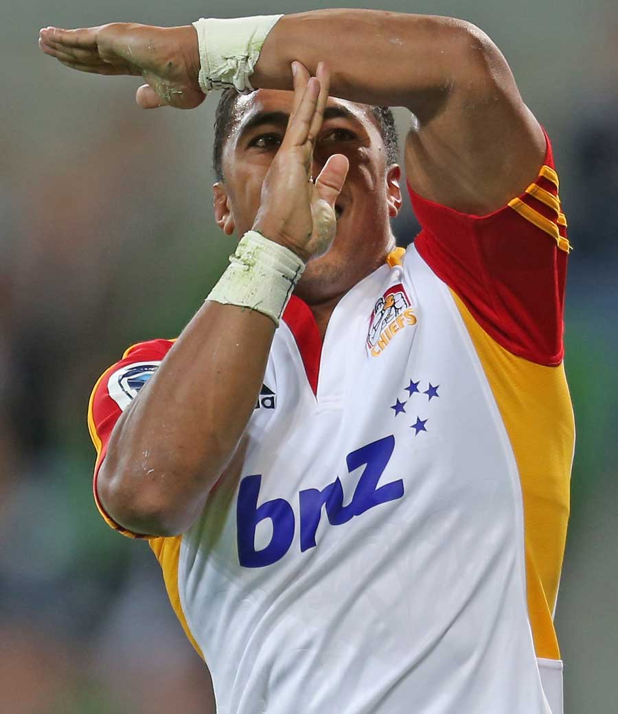 Chiefs' Bundee Aki celebrates his try against the Melbourne Rebels
